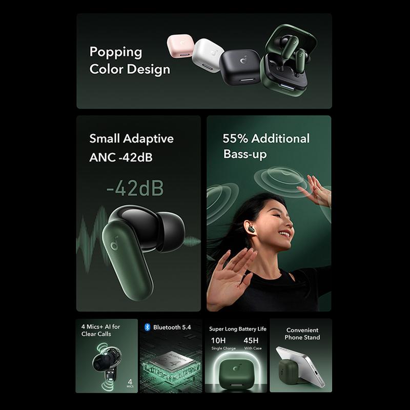 (NEW LAUNCH) Soundcore Anker R50i NC Earbuds Adaptive Noise Canceling Headset Earphone Bluetooth 5.4 TWS Low Latency for Game Long Battery 4 Mics IP54-A3959 - 2