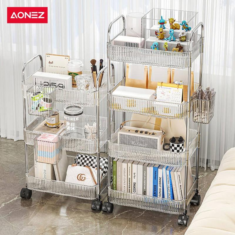 【AONEZ x Indy&Ischa】AONEZ COD 24 Shipping Rak Troli Susun Stainless steel RakKosmetik Serbaguna Rak kamar mandi Rak Salon Trolley Dengan Keranjang jaring akrilik transpara rak meja aesthetic - 1
