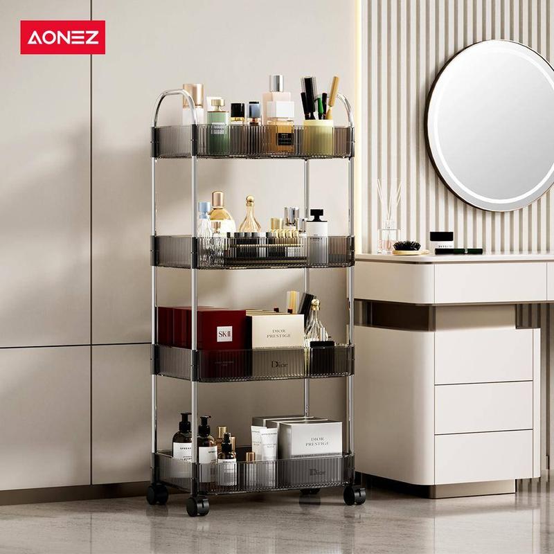 【AONEZ x Indy&Ischa】AONEZ COD 24 Shipping Rak Troli Susun Stainless steel RakKosmetik Serbaguna Rak kamar mandi Rak Salon Trolley Dengan Keranjang jaring akrilik transpara rak meja aesthetic - 2