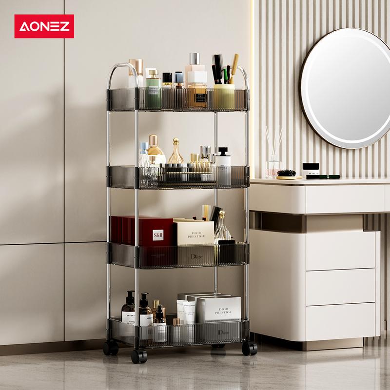 【SPESIAL Live/KOL 30Hari Garansi】AONEZ Rak Troli Susun Stainless steel RakKosmetik Serbaguna Rak kamar mandi Rak Salon Trolley Dengan Keranjang jaring akrilik transpara rak skincare - 4