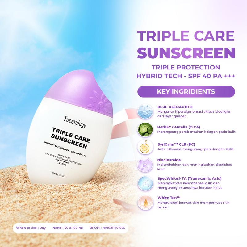 (FLASH SALE) Facetology Bundling Triple Care Hydra Cleanse Micellar Water 100 ML + Triple Care Sunscreen SPF 40 PA+++40ML- Perawatan untuk Membersihkan mengandung Hyaluronic sebagai & Mencerahkan Wajah, Cleanser Bunga Hydrating - 4