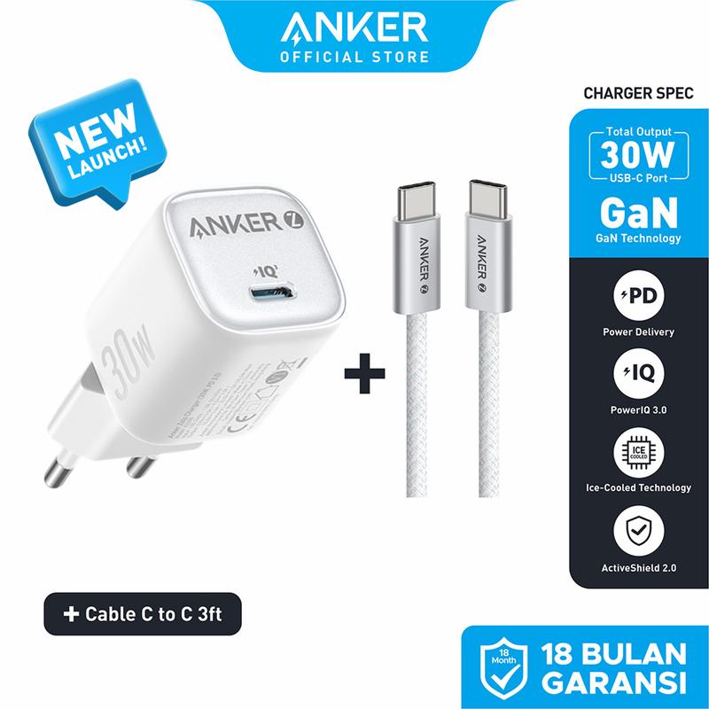 Anker Zolo GaN 30W 20W Adaptor Kepala Charger iPhone 16 15 14 13 12 11 Samsung Type C PD Ice-Cooled Fast Charging