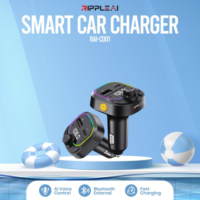 [Hot Selling] Ripple Al Car Charger 2 Port Fast Charging USB Chargers FM & Bluetooth Transmitter Voice Control MP3