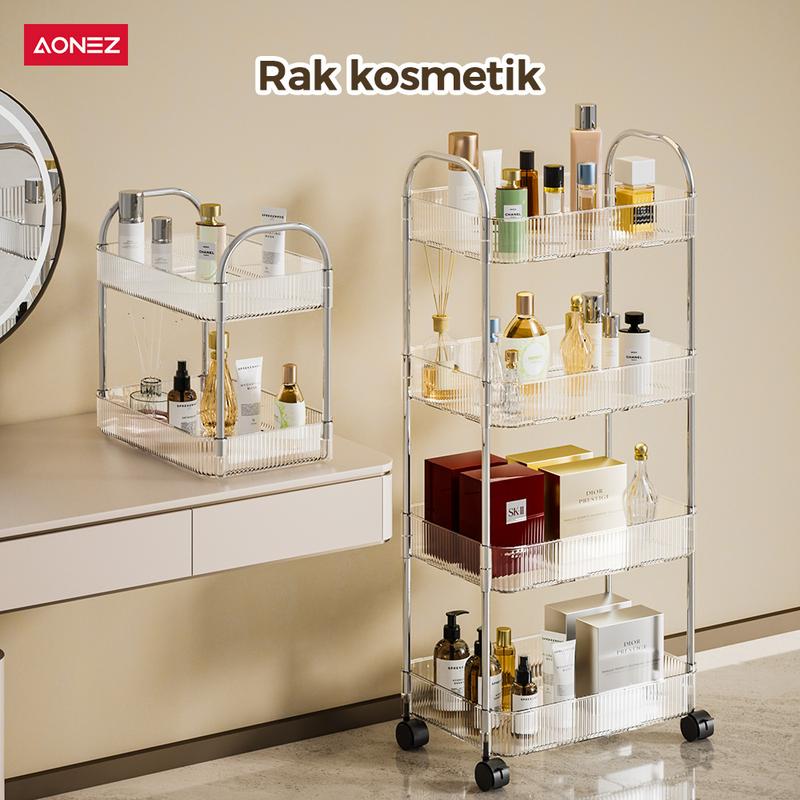 【SPESIAL Live/KOL 30Hari Garansi】AONEZ Rak Troli Susun Stainless steel RakKosmetik Serbaguna Rak kamar mandi Rak Salon Trolley Dengan Keranjang jaring akrilik transpara rak skincare